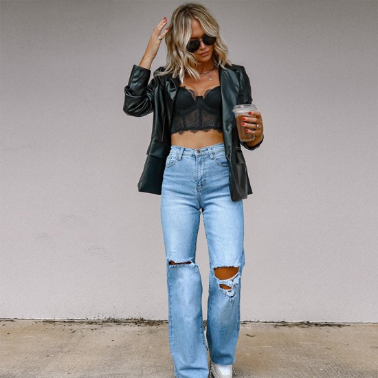 Factory Direct 2025 Independent European and American Women's Jeans: Ripped Slimming Raw-Edged Straight-Leg Wide-Leg Pants: In Stock