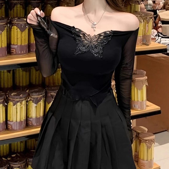 Mesh patchwork off-the-shoulder long-sleeved top for women, summer pure and sexy short black butterfly hollow T-shirt. Mesh patchwork off-the-shoulder long-sleeved top for women, summer pure and sexy short black butterfly hollow T-shirt.