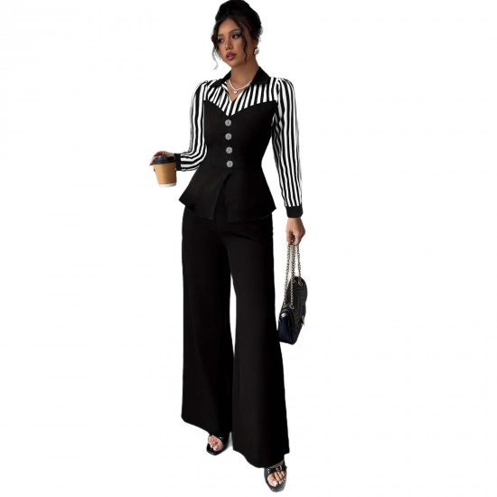 European and American trendy casual suits for women Elegant striped, contrasting color scheme, V-neck long-sleeved shirt and straight-leg trousers, two-piece set. European and American trendy casual suits for women Elegant striped, contrasting color scheme, V-neck long-sleeved shirt and straight-leg trousers, two-piece set.