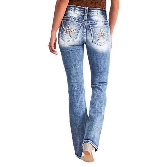 AliExpress cross-border European and American 2025 spring new embroidered jeans for women, high-quality straight-leg slim stretch trousers.
