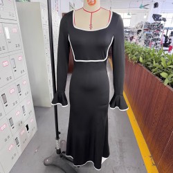 New Spring 2025 European and American Cross-Border Women's Fashion: Elegant and Fashionable Square Neck, Contrast Color, Slim Fit, Bell Sleeve Dress