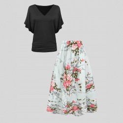 Best-selling cross-border women's clothing: factory direct sales. New Summer European and American Retro Round Neck and Print Swing Skirt Set