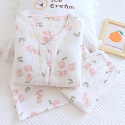 Couple's pure cotton plaid thin long-sleeved trousers, spring, summer, and autumn loose loungewear set for men and women.