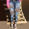 Factory direct sales: European and American ripped women's jeans, personalized leopard print, high-waisted Women's Pants