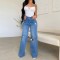Factory direct sale on Amazon, women's long high-waisted jeans, ripped, raw-edge, popular European and American style, comfortable wide-leg pants.