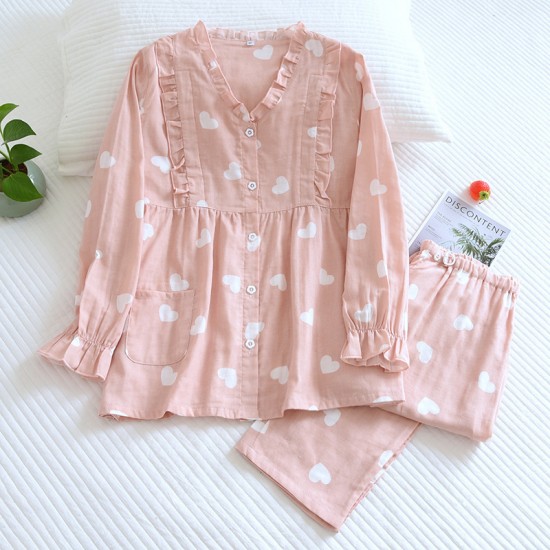 Women's padded pajamas, pure cotton double-layered gauze, V-neck, thin, long-sleeved, bra-free, spring and summer loungewear set