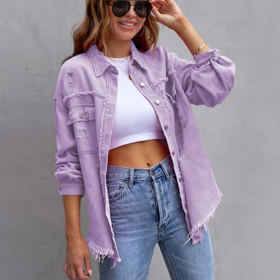 Cross-border new European and American denim jackets for women, solid color, loose-fitting jackets, ripped long-sleeved women's denim shirts, bestsellers.