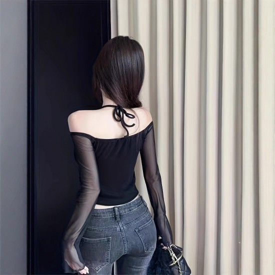 2025 new slimming short light blue lace off-shoulder, sweet and sexy top, two-piece skinny miniskirt