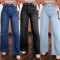 European and American Cross-Border Amazon Spring 2025 New Dark Blue High-Waisted Wide-Leg Jeans for Women, Fashionable Retro Straight-Leg Pants