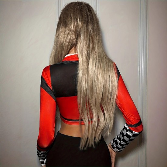 2025 Summer New Cycling Jersey Long-Sleeved T-Shirt for Women Sexy lapel top with lettering zipper and exposed navel.