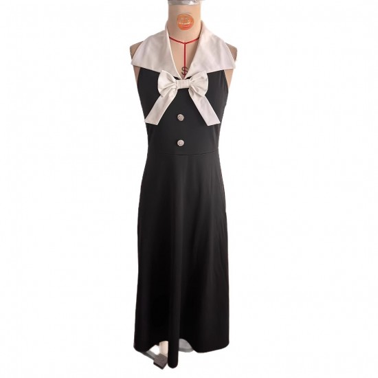2025 summer new women's lapel, two-button chest, slim-fitting bow-tie sleeveless dress.