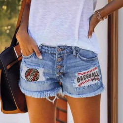 2025 trendy European and American buttoned printed patch denim shorts for women, cross-border trade ripped tassel hot pants wholesale.