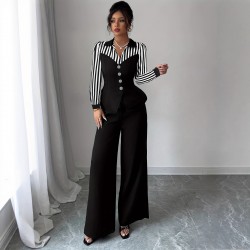 European and American trendy casual suits for women Elegant striped, contrasting color scheme, V-neck long-sleeved shirt and straight-leg trousers, two-piece set.