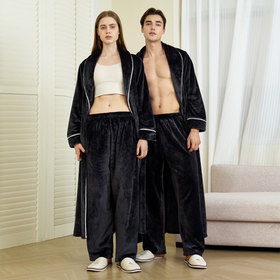Autumn and winter coral fleece robes for men, plus-length thickened flannel bathrobes for women, with pants.