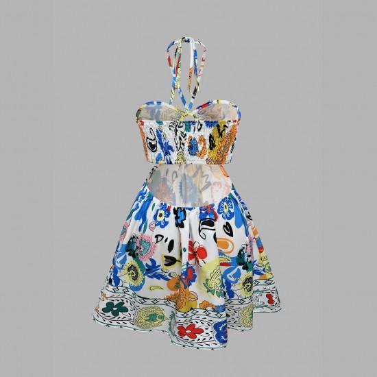 2025 summer new French-style, pure, sensual, printed, lace-up, floral halter-neck tank top for women