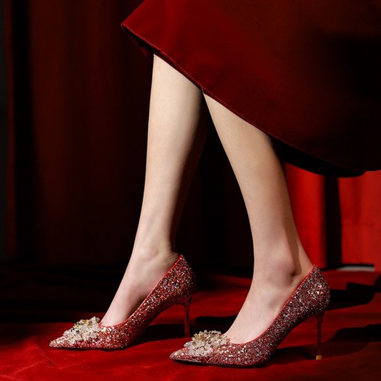 French wedding shoes for women, new summer 2023 red bridal high heels, Xiuhe toast dress, crystal slippers. French wedding shoes for women, new summer 2023 red bridal high heels, Xiuhe toast dress, crystal slippers.