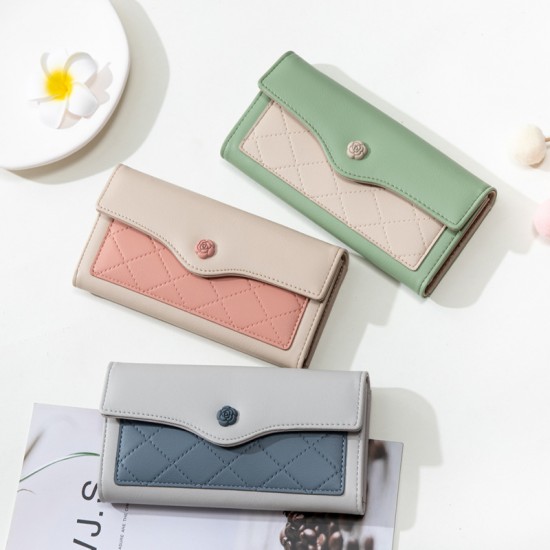 Factory wholesale women's long wallet, 2022 new Japanese and Korean soft PU leather, stylish, simple, buckle, clutch, tri-fold bag Factory wholesale women's long wallet, 2022 new Japanese and Korean soft PU leather, stylish, simple, buckle, clutch, tri-fold bag