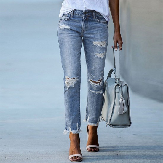 Factory direct sales: 2025 new washed ripped tassel women's jeans, European and American slim-fit stretch skinny jeans, wholesale