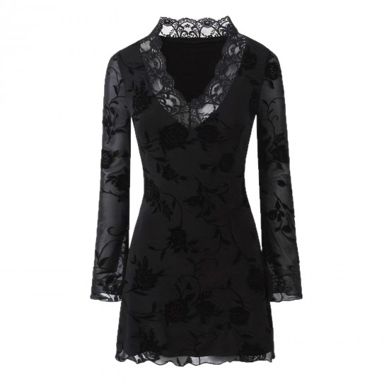 Sexy Summer and Autumn Mesh Dress for Women: European and American Style V-Neck, High-End Slim Fit Lace Long Sleeve Miniskirt Sexy Summer and Autumn Mesh Dress for Women: European and American Style V-Neck, High-End Slim Fit Lace Long Sleeve Miniskirt