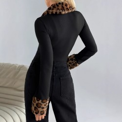 European and American long-sleeved tops and jackets for women: leopard print patchwork, solid color knitted stripes, double front zipper, leopard print fur collar design.