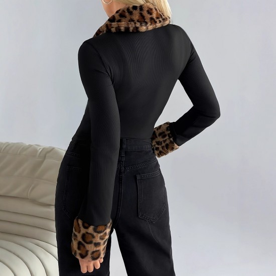 European and American long-sleeved tops and jackets for women: leopard print patchwork, solid color knitted stripes, double front zipper, leopard print fur collar design.