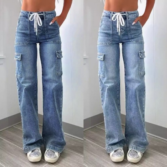 Factory direct sales of 2025 new straight-leg jeans for women, American casual, lace-up, multi-pocket functional work pants, in stock.