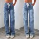 Factory direct sales of 2025 new straight-leg jeans for women, American casual, lace-up, multi-pocket functional work pants, in stock.
