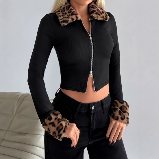 European and American long-sleeved tops and jackets for women: leopard print patchwork, solid color knitted stripes, double front zipper, leopard print fur collar design.
