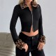 European and American long-sleeved tops and jackets for women: leopard print patchwork, solid color knitted stripes, double front zipper, leopard print fur collar design.