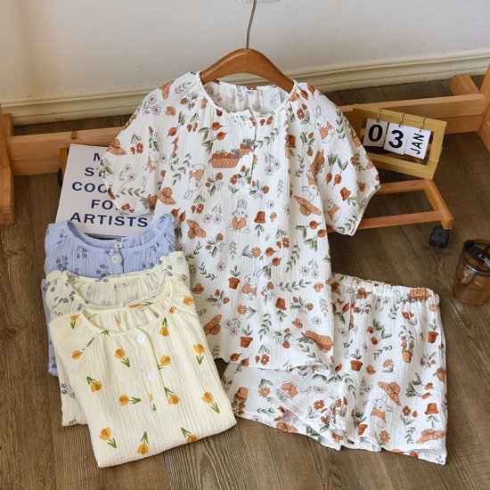 Spring and autumn women's cotton double-layer gauze loungewear, thin, soft, loose summer cotton trousers.