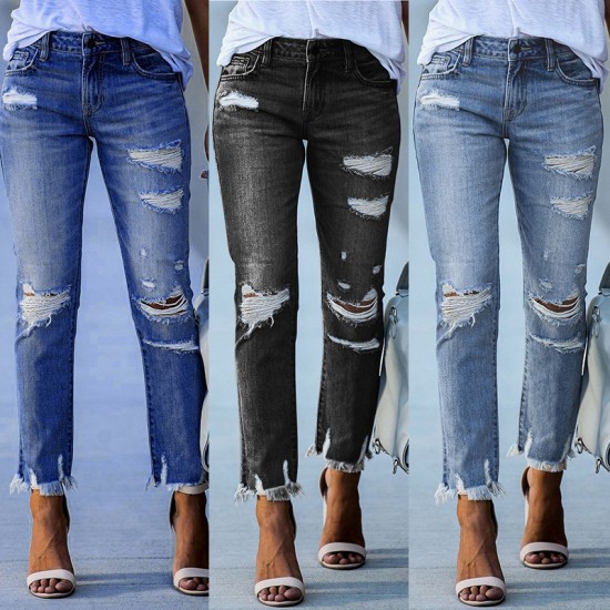 Factory direct sales: 2025 new washed ripped tassel women's jeans, European and American slim-fit stretch skinny jeans, wholesale