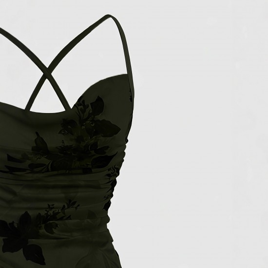 European and American high-end slim-fit maxi dress: elegant, slim-fitting mesh print, cross-back camisole dress.