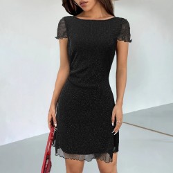 Mesh butterfly embellished short black top for women Summer thin, stylish, backless, see-through long-sleeved T-shirt for hot girls