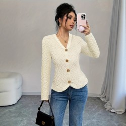 2025 summer European and American women's fashion, V-neck, 3D knitted jacquard, long-sleeved, fashionable, slim-fitting top, shirt, and jacket.