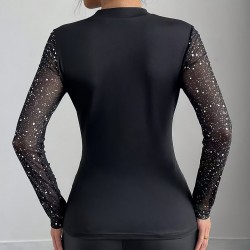 European and American, cross-border, elegant, long-sleeved, transparent mesh, patchwork, T-shirt. Slim-fitting, hollow, see-through, long-sleeved top.