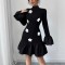 New Autumn and Winter 2025 Elegant Slim Fit Miniskirt: Fashionable Elegant Bell Sleeve, Floral Half-High Neck Spliced ​​Dress for Women