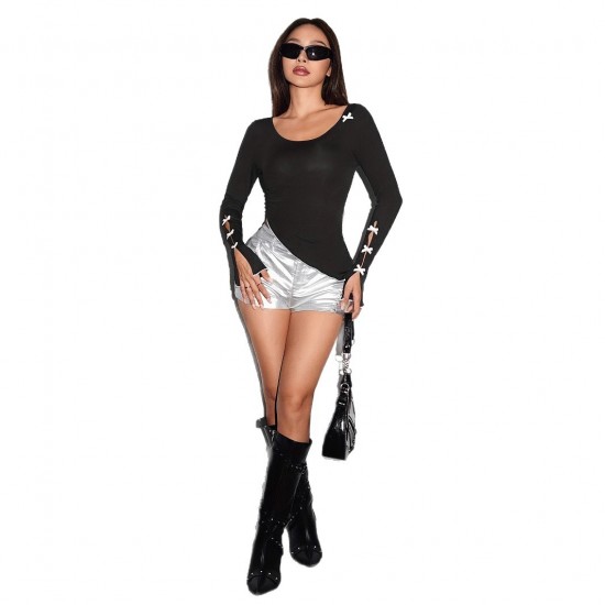 2025 Summer New European and American Bow-Knot Cropped Knitted T-Shirt for Women, Design-Driven Slim Fit Long-Sleeved Top