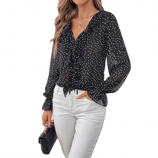 Fashionable ruffled polka dot V-neck shirt for women. 2025 Summer New French-Style, Age-Reducing Patchwork Top for Women