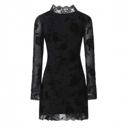 Sexy Summer and Autumn Mesh Dress for Women: European and American Style V-Neck, High-End Slim Fit Lace Long Sleeve Miniskirt