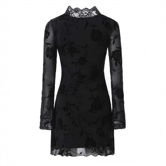 Sexy Summer and Autumn Mesh Dress for Women: European and American Style V-Neck, High-End Slim Fit Lace Long Sleeve Miniskirt Sexy Summer and Autumn Mesh Dress for Women: European and American Style V-Neck, High-End Slim Fit Lace Long Sleeve Miniskirt
