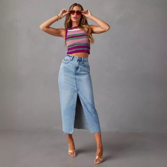 Amazon cross-border 2025 new slit denim skirt for women, high-waisted, washed American-style A-line midi skirt Amazon cross-border 2025 new slit denim skirt for women, high-waisted, washed American-style A-line midi skirt