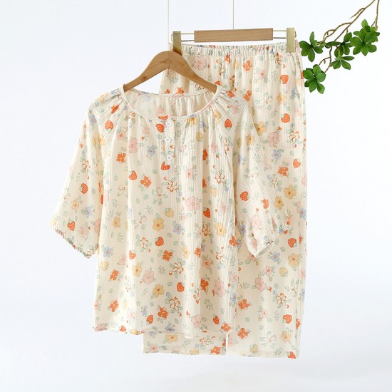 Women's pajamas, pure cotton double-layer gauze, round-neck, long-sleeved, spring and summer thin cotton floral crepe loungewear set