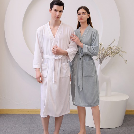 All Seasons Commuter Nightgown for Women Summer Plus Size Waffle Couple's Bathrobe Men's three-quarter sleeve absorbent quick-drying pajamas