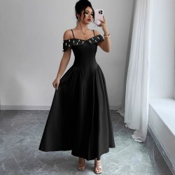 European and American women's high-end maxi dress, 2025 summer new high-waisted, elegant, off-the-shoulder, elegant, bubble-beaded dress.