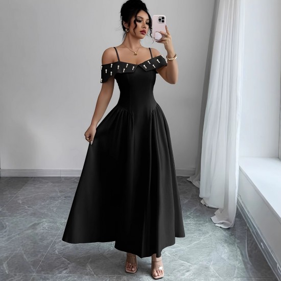 European and American women's high-end maxi dress, 2025 summer new high-waisted, elegant, off-the-shoulder, elegant, bubble-beaded dress.