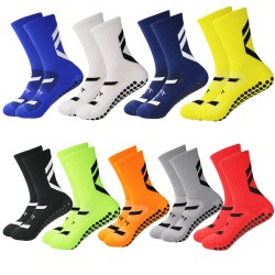 Non-slip men's soccer socks, youth and boys' sports traction crew neck socks in black, white, and blue, high quality.