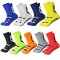 Non-slip men's soccer socks, youth and boys' sports traction crew neck socks in black, white, and blue, high quality.