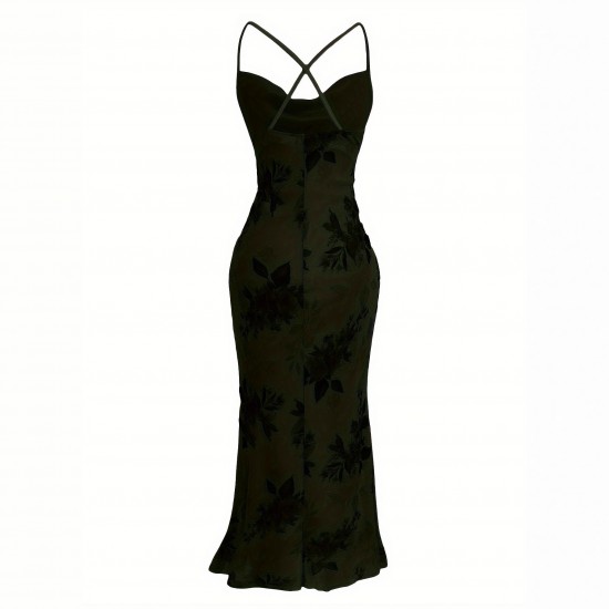 European and American high-end slim-fit maxi dress: elegant, slim-fitting mesh print, cross-back camisole dress.