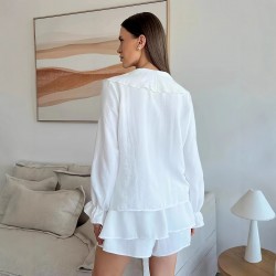 2025 summer new style lace-up shirt and shorts two-piece suit for women, French-style loose-fitting flared sleeve casual top and shorts set