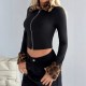 European and American long-sleeved tops and jackets for women: leopard print patchwork, solid color knitted stripes, double front zipper, leopard print fur collar design.